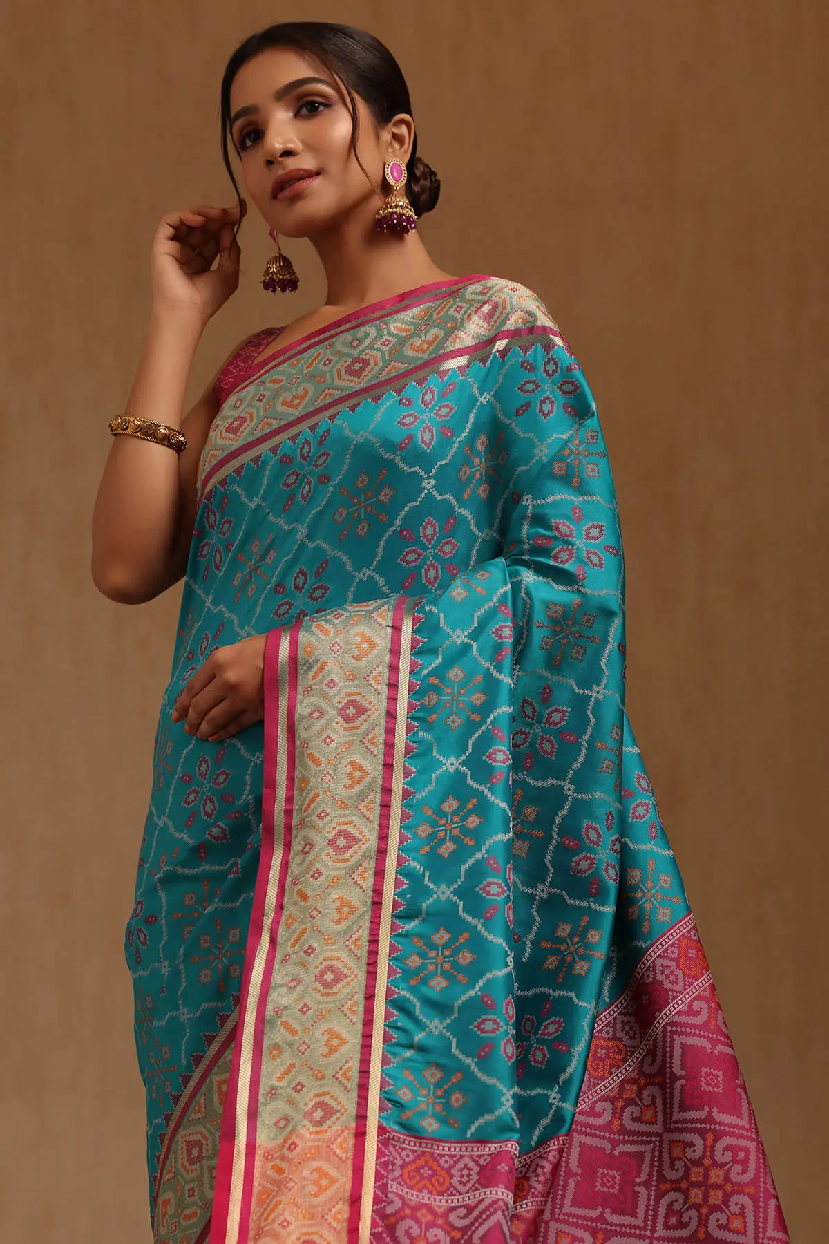 Turquoise Blue Silk Blend Patola Print Saree